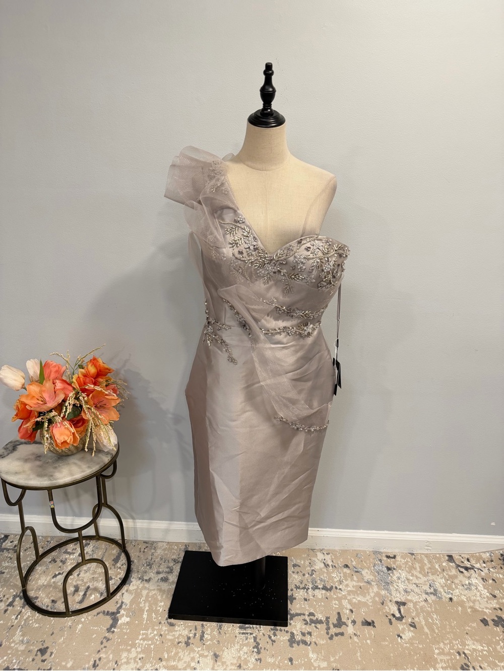 Terani Couture Taupe Silver Floral Ruffle One Shoulder Embellished Cocktail Gown